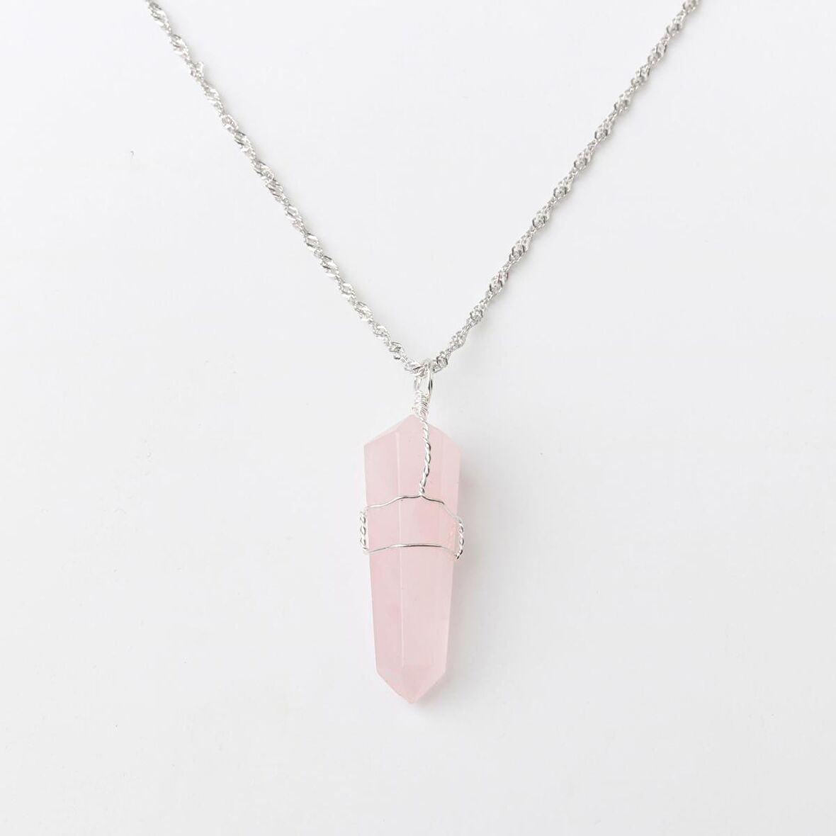 Pembe Kuvars Doğal Taş Kolye Ucu 3x1 cm, Gümüş Zincir
