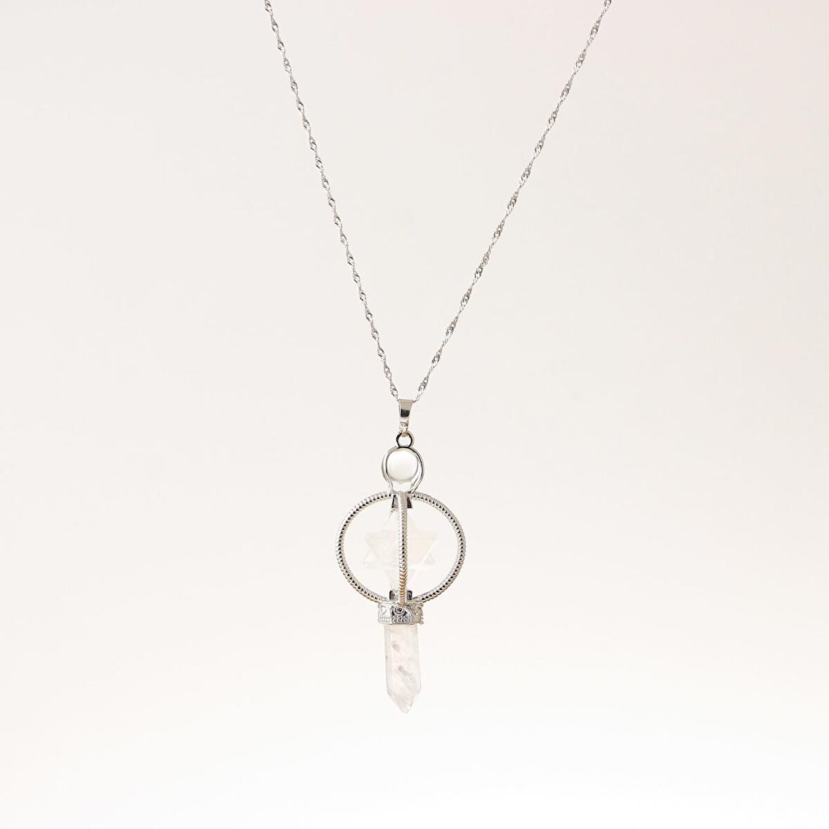 Kristal Kuvars Doğal Taş Markapon Yıldızlı Kolye, Gümüş Zincir