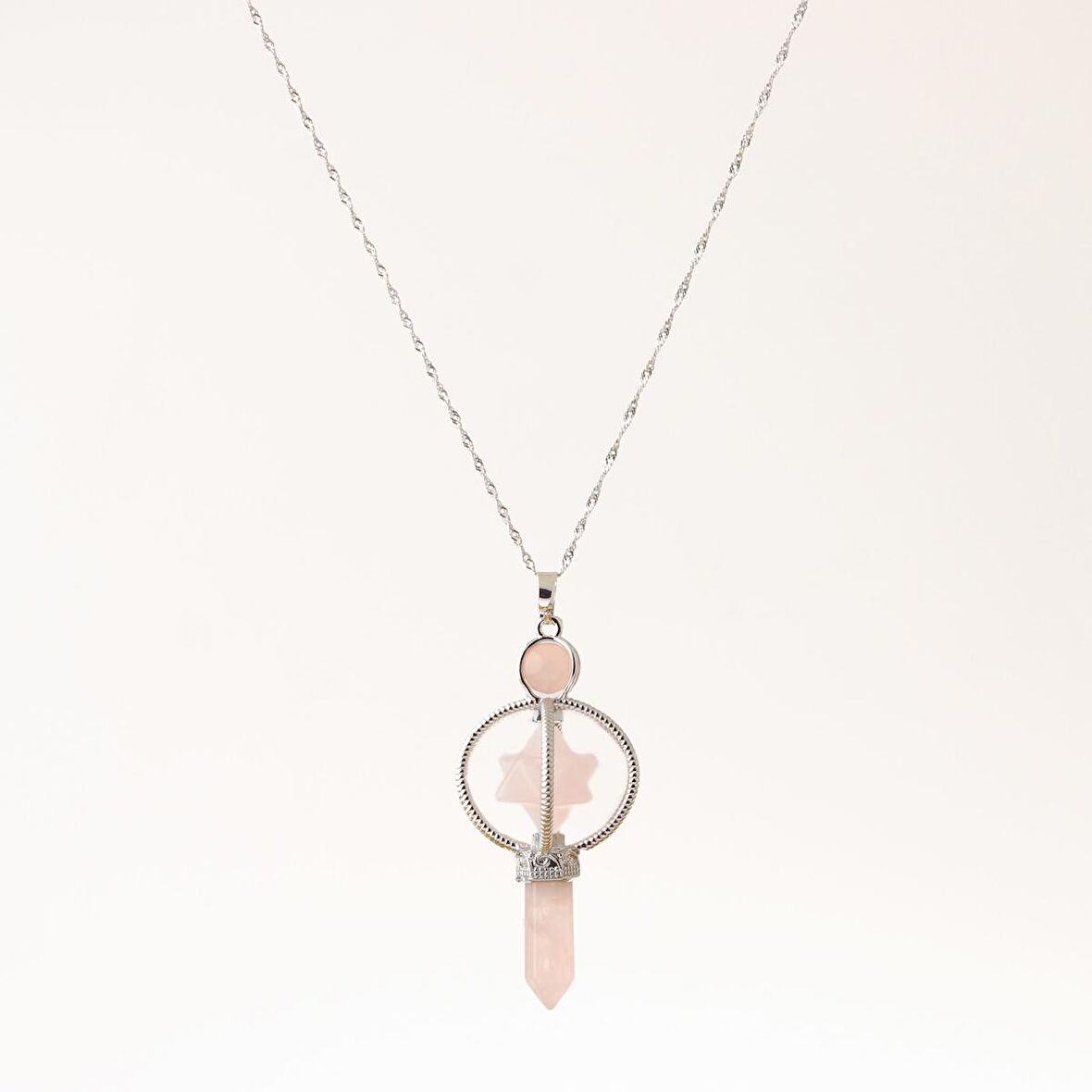 Pembe Kuvars Doğal Taş Markapon Yıldızlı Kolye, Gümüş Zincir