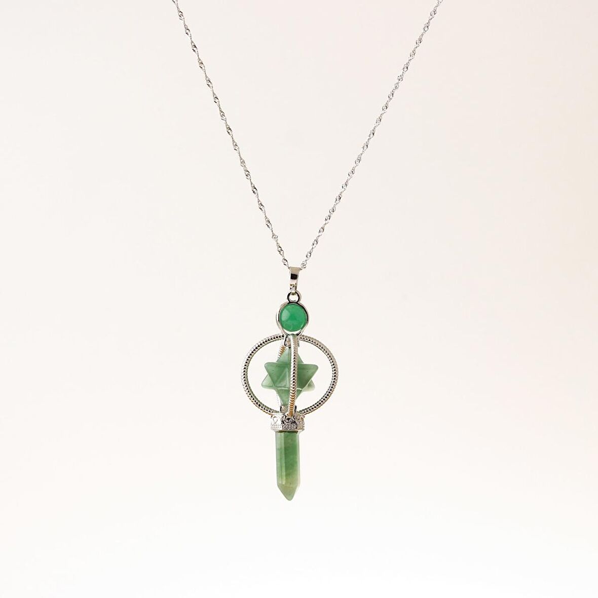 Aventurin Doğal Taş Markapon Yıldızlı Kolye, Gümüş Zincir