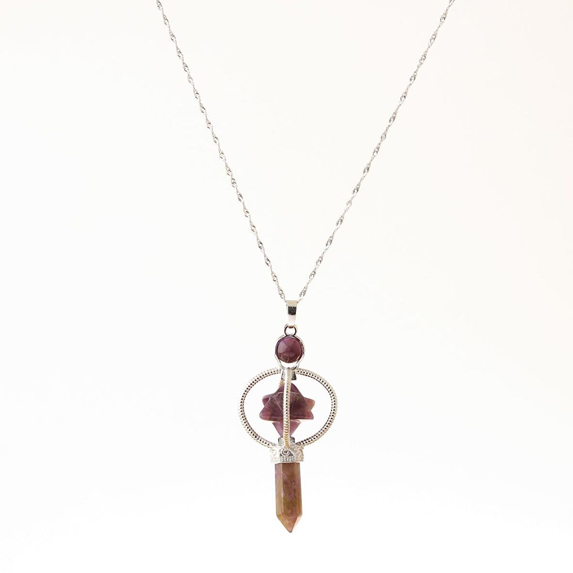 Ametist Doğal Taş Markapon Yıldızlı Kolye, Gümüş Zincir