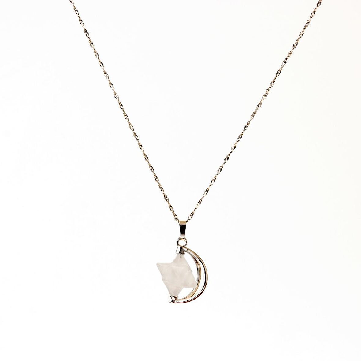 Kristal Kuvars Doğal Taş Yıldızlı Kolye, Gümüş Zincir