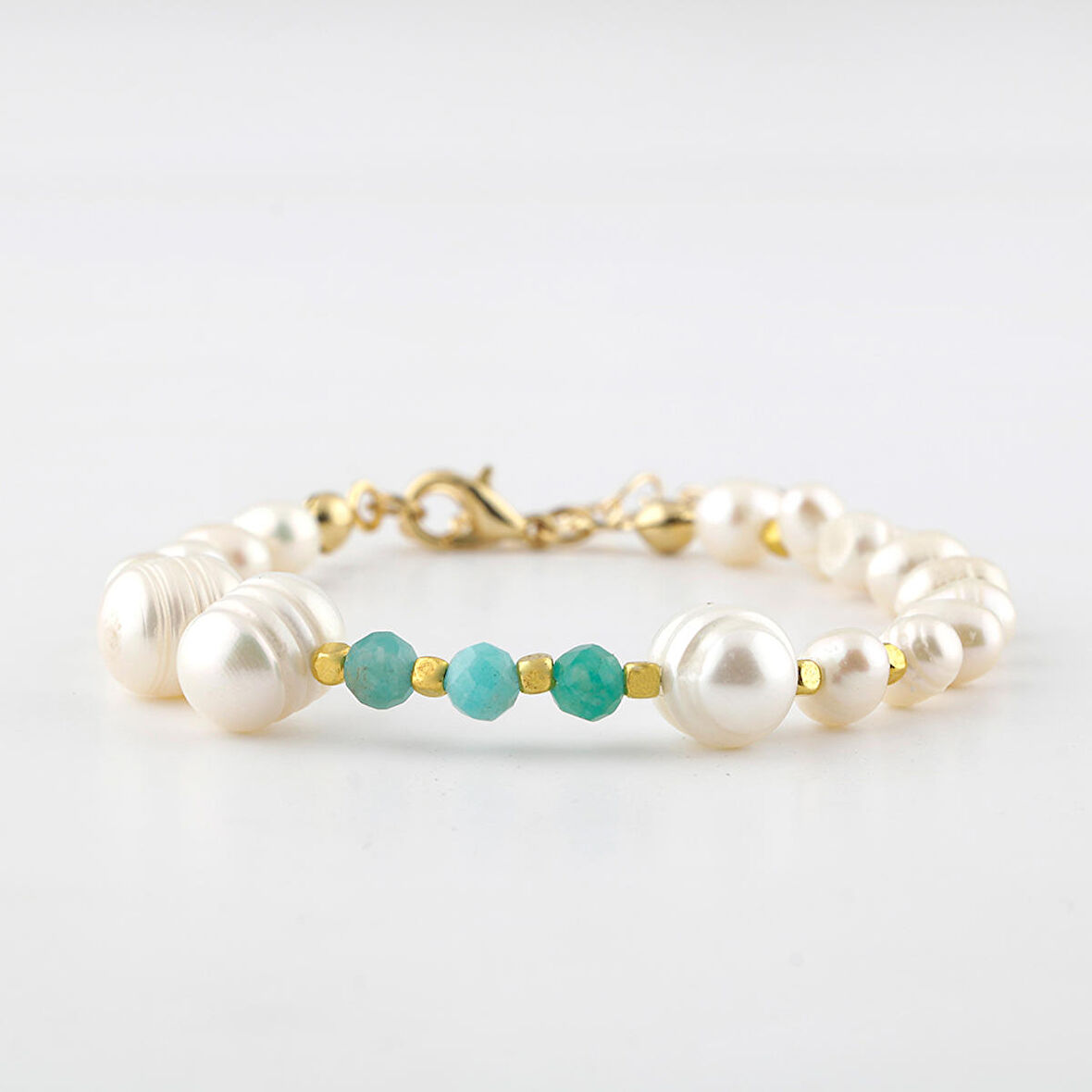 İnci-Amazonit Doğal Taş Altın Kaplama Kapama Bileklik