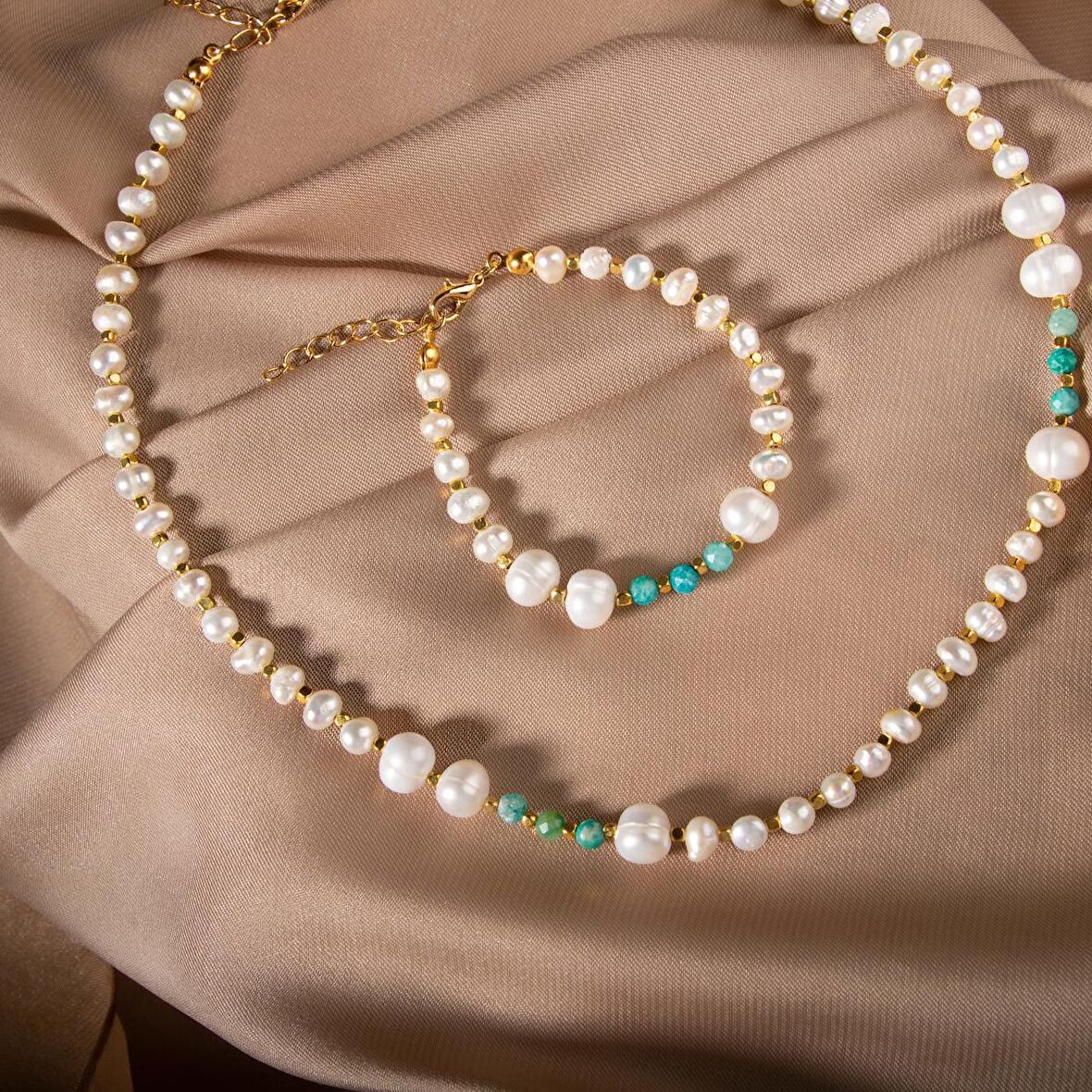 İnci-Amazonit Altın Kaplama Kapama Doğal Taş Takı Seti