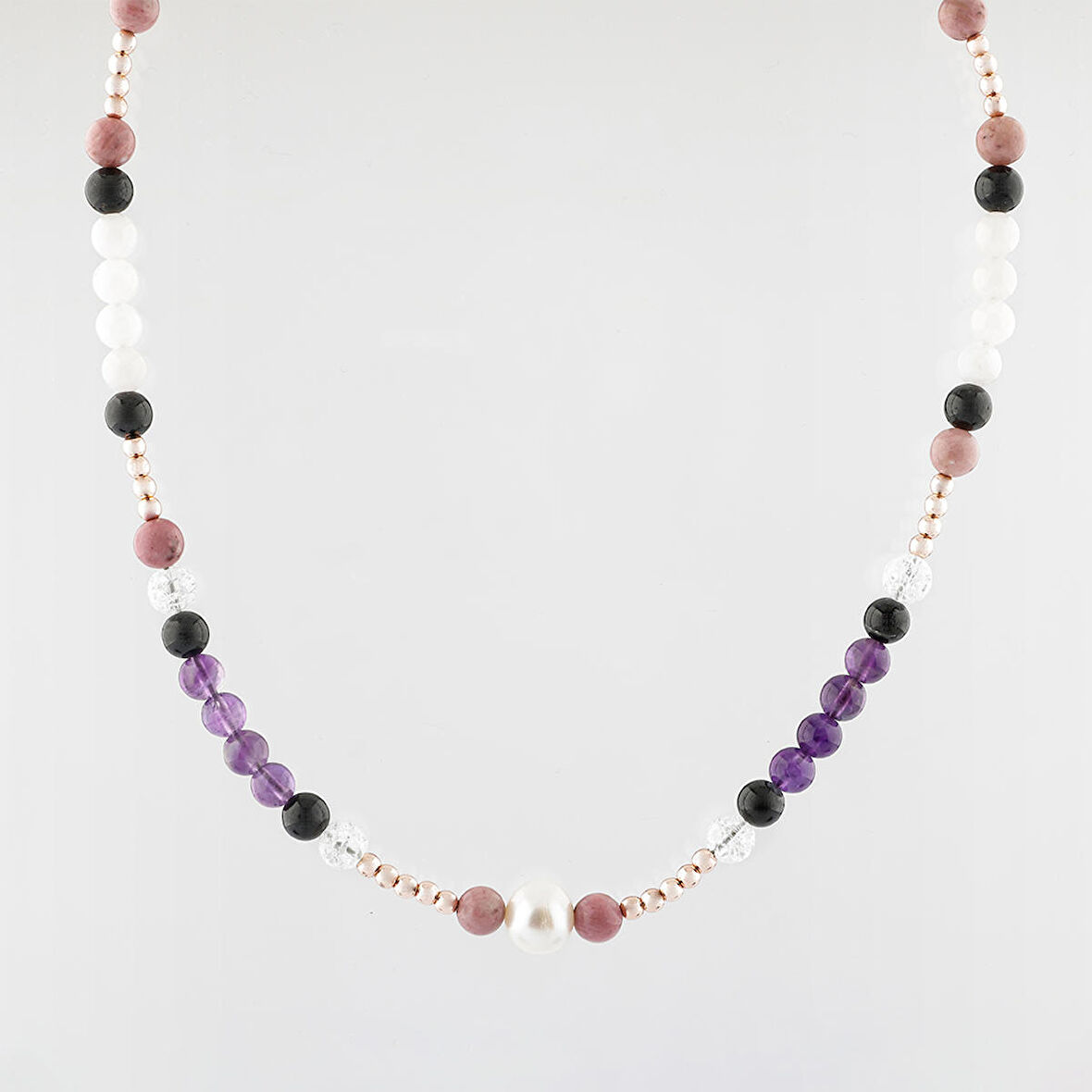 İnci-Jasper-Tumalin-Ametist-Necef-Hematit-Pembe Kuvars-Ay Taşı Doğal Taş Kolye