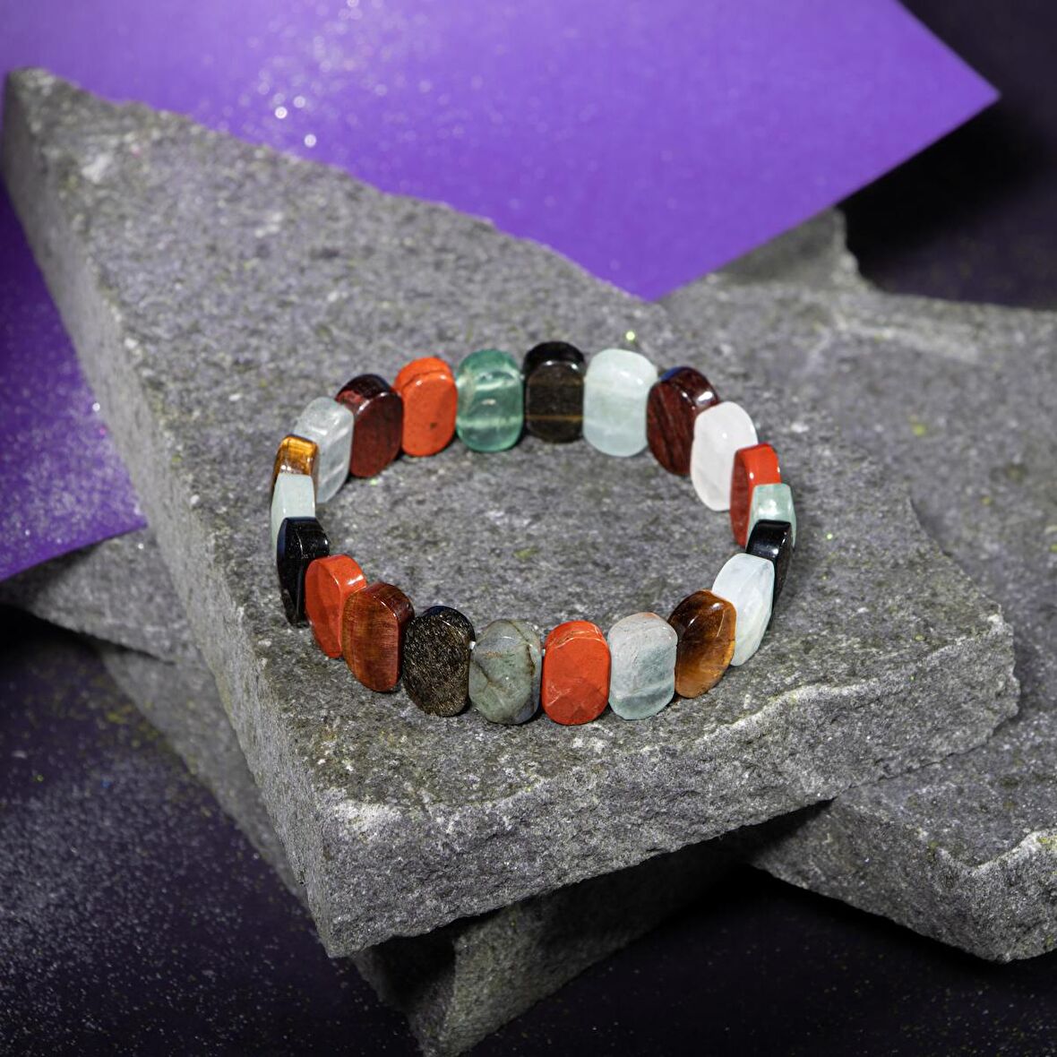Kova Burcu Bileklik Akuamarin, Bordo Granat Lal, Jasper, Kaplan Gözü, Labradorit, Obsidyen, Selenit, Yeşil Florit