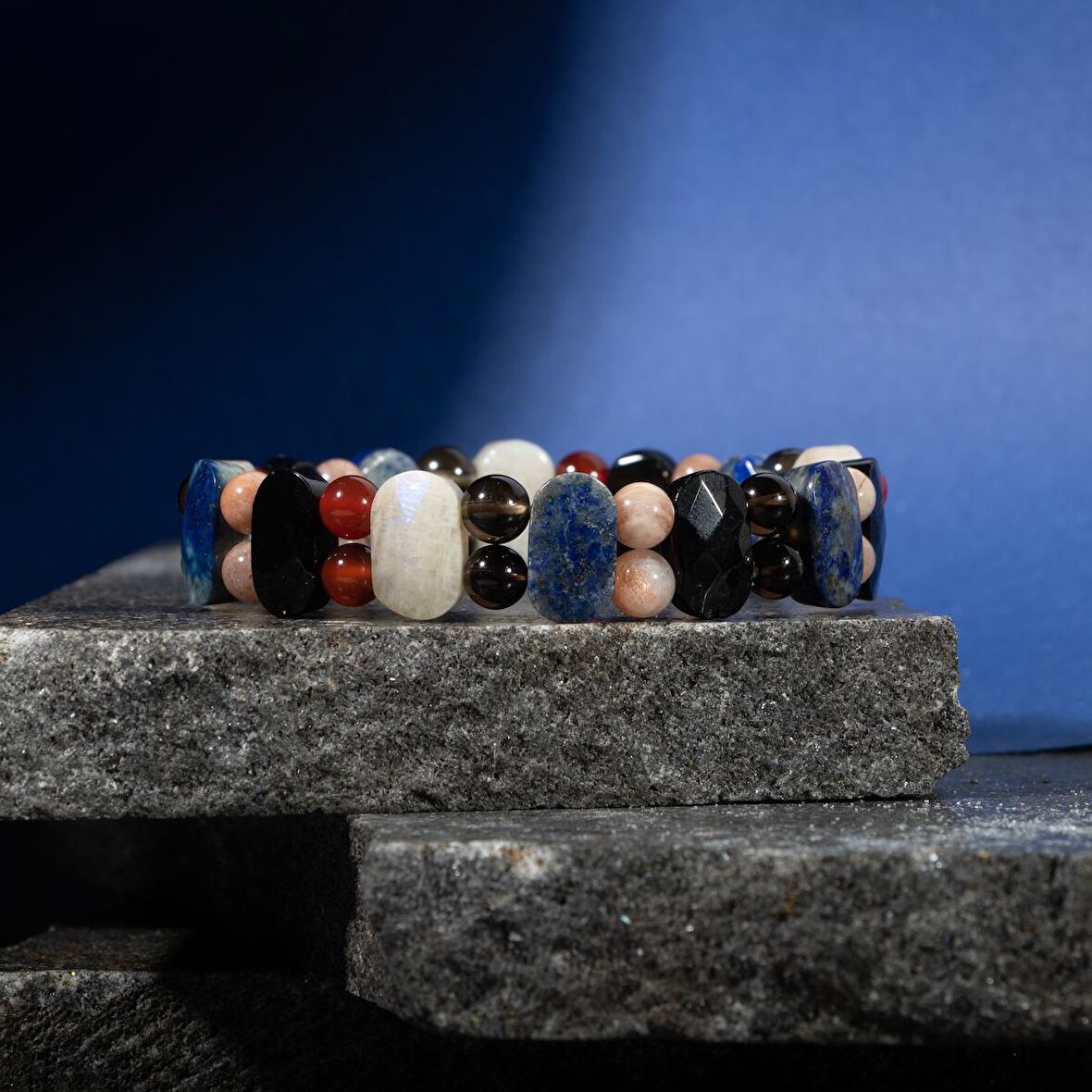 Terazi Burcu Bileklik Ay Taşı, Dumanlı Kuvars, Güneş Taşı, Kırmızı Akik, Lapis Lazuli, Siyah Turmalin