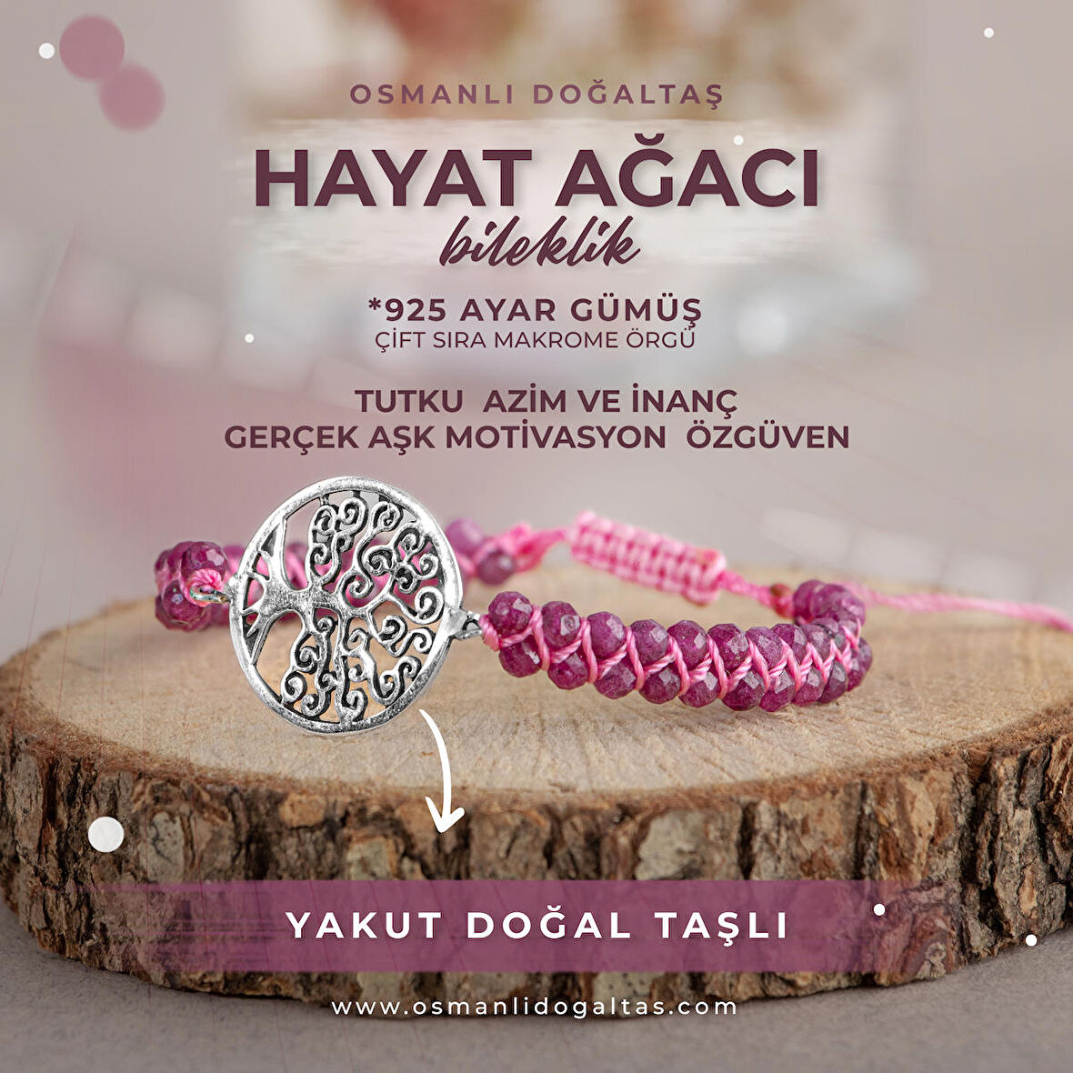 Hayat Ağaçı Yakut Doğal Taş Gümüş Aparat Bileklik
