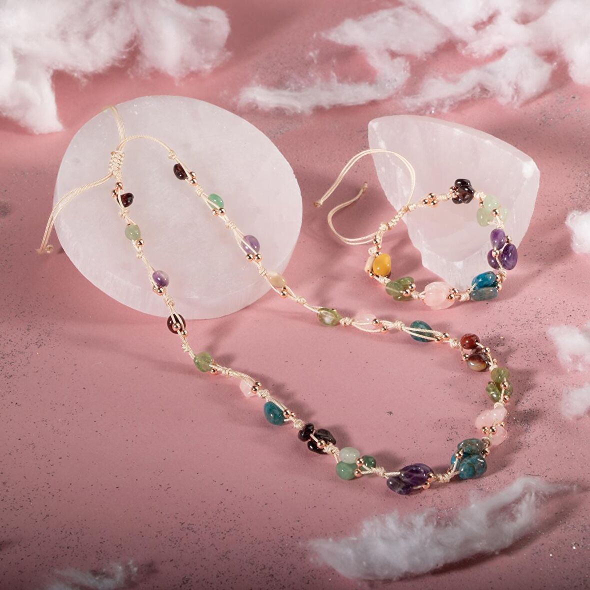 Başak Burcu Kolye Bileklik Seti Ametist, Bordo Granat Lal, Jasper, Mavi Apatit, Pembe Kuvars, Yeşil Aventurin, Zebercet (Peridot)