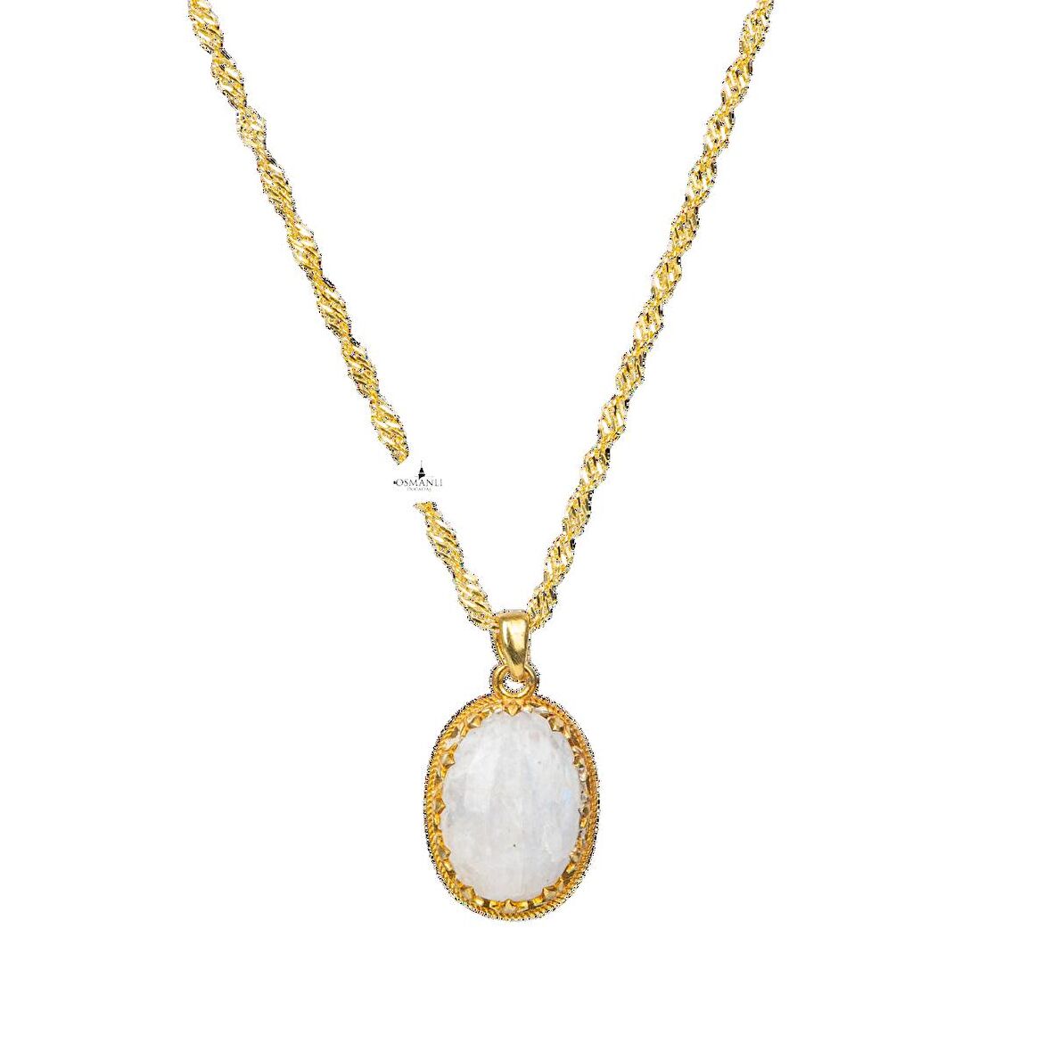 Ay Taşı Doğal Taş Sarı Gümüş Çerçeveli Kolye