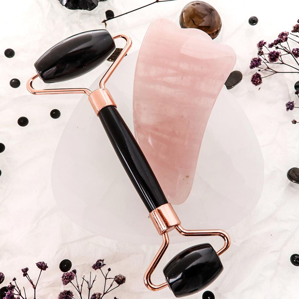 Obsidyen Roller ve Pembe Kuvars Kaz Ayağı Gua Sha Takımı