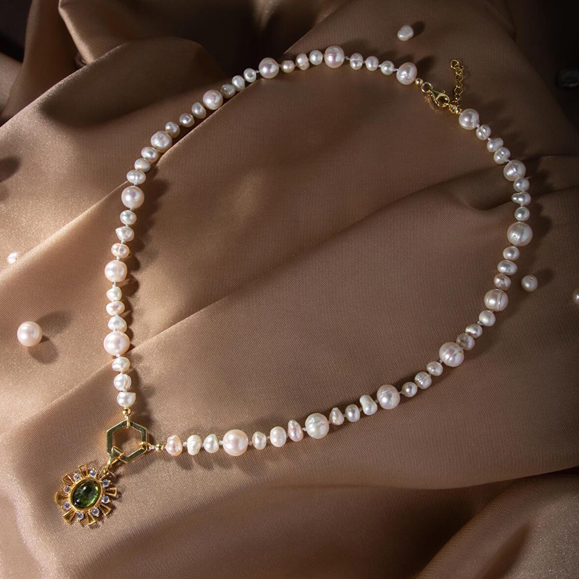 İnci-Zebercet Doğal Taş Gümüş Kolye