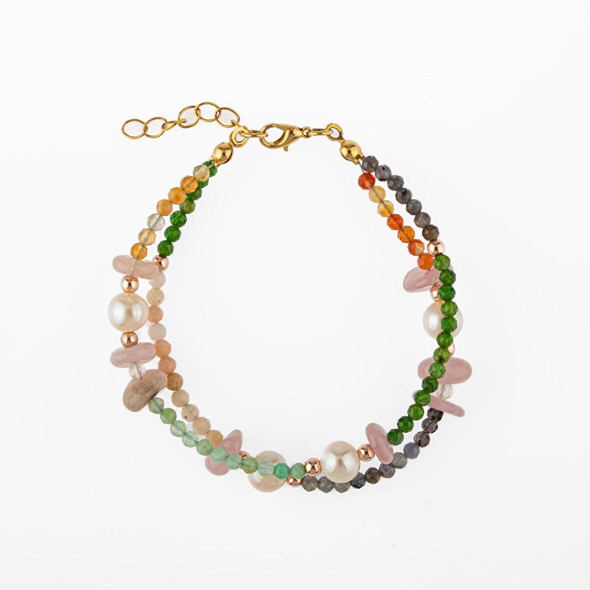 Karnelyan Akik-İyolit-Pembe Opal-İnci-Pembe Kuvars-Hematit-Diopsit-Prehnit Doğal Taş Bileklik