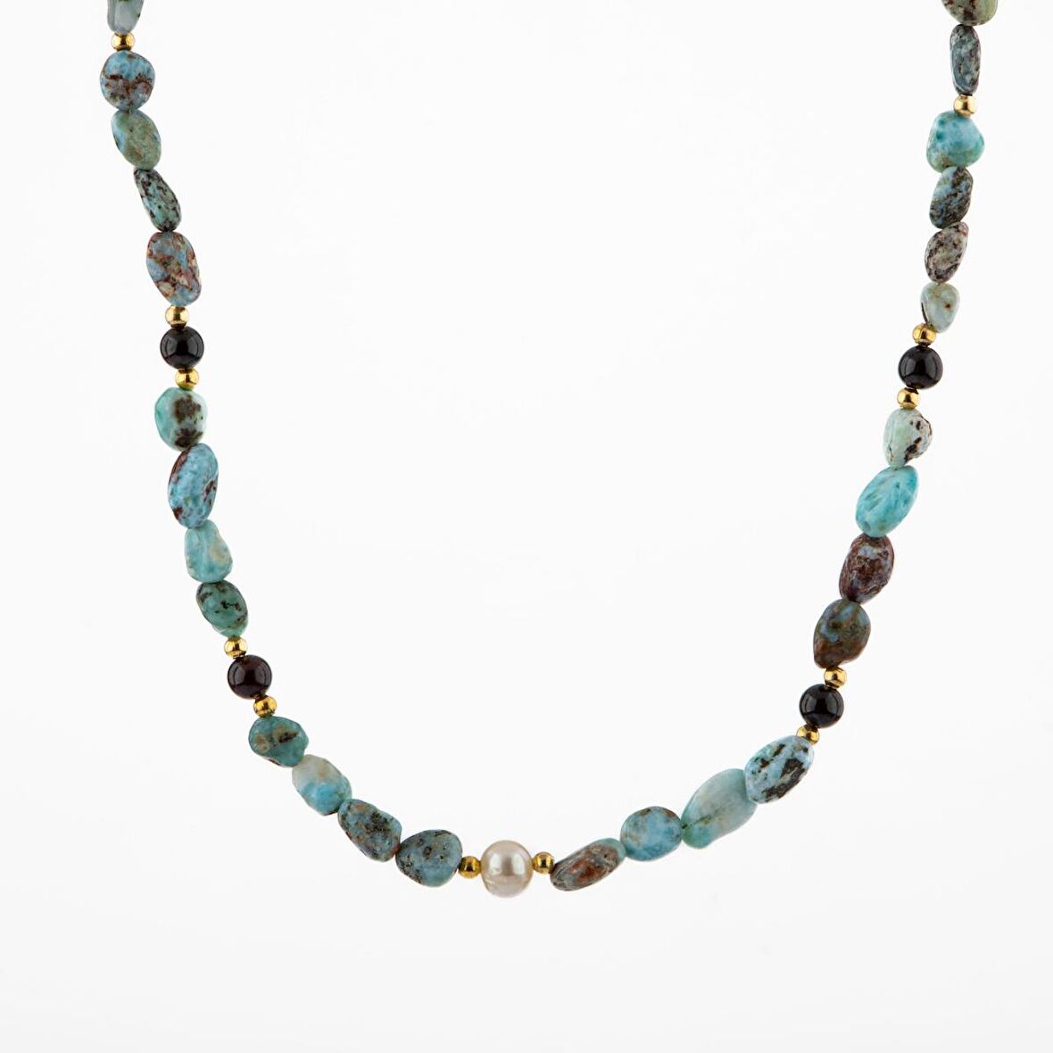 Larimar-Lal-Hematit-İnci-Ay Taşı Altın Kaplama Doğal Taş Kolye