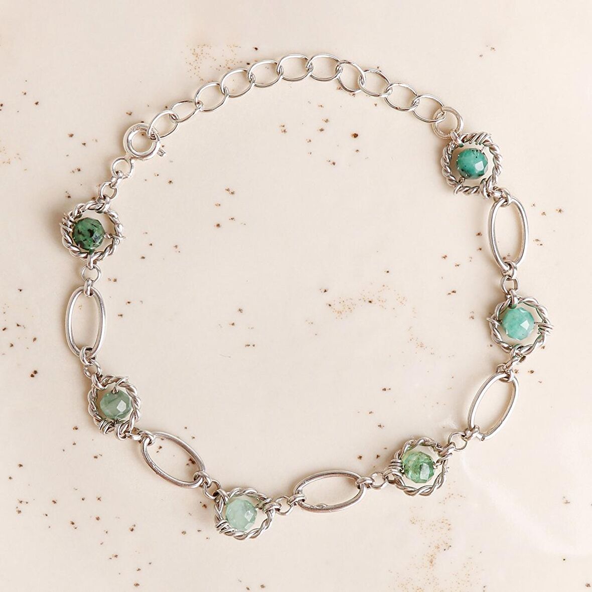 Zümrüt Doğal Taş Gümüş Zincir Bileklik