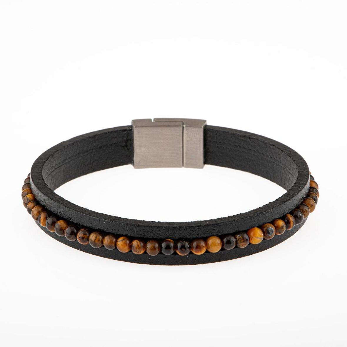 Kaplan Gözü Doğal Taş Deri Erkek Tasarım Bileklik