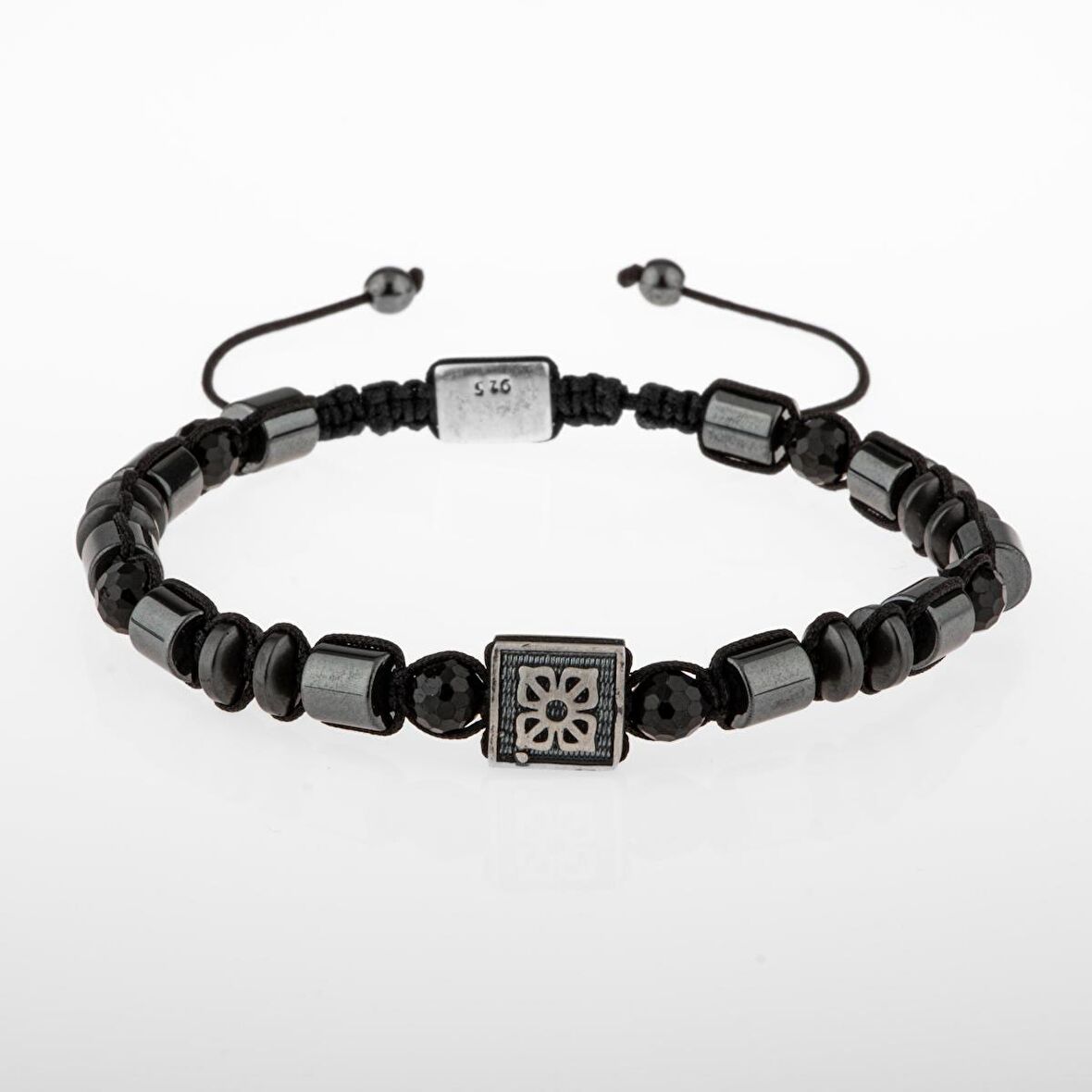 Siyah Turmalin-Hematit Doğal Taş Gümüş Erkek Bileklik