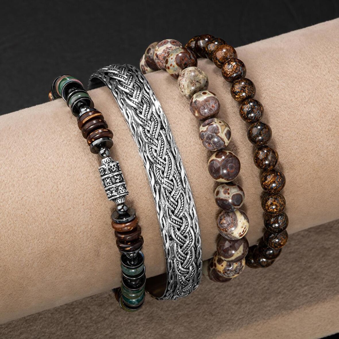 Hint Akik-Bronzit-Meksika Jasper-Hematit Doğal Taş Telkari Gümüş Bileklik Seti