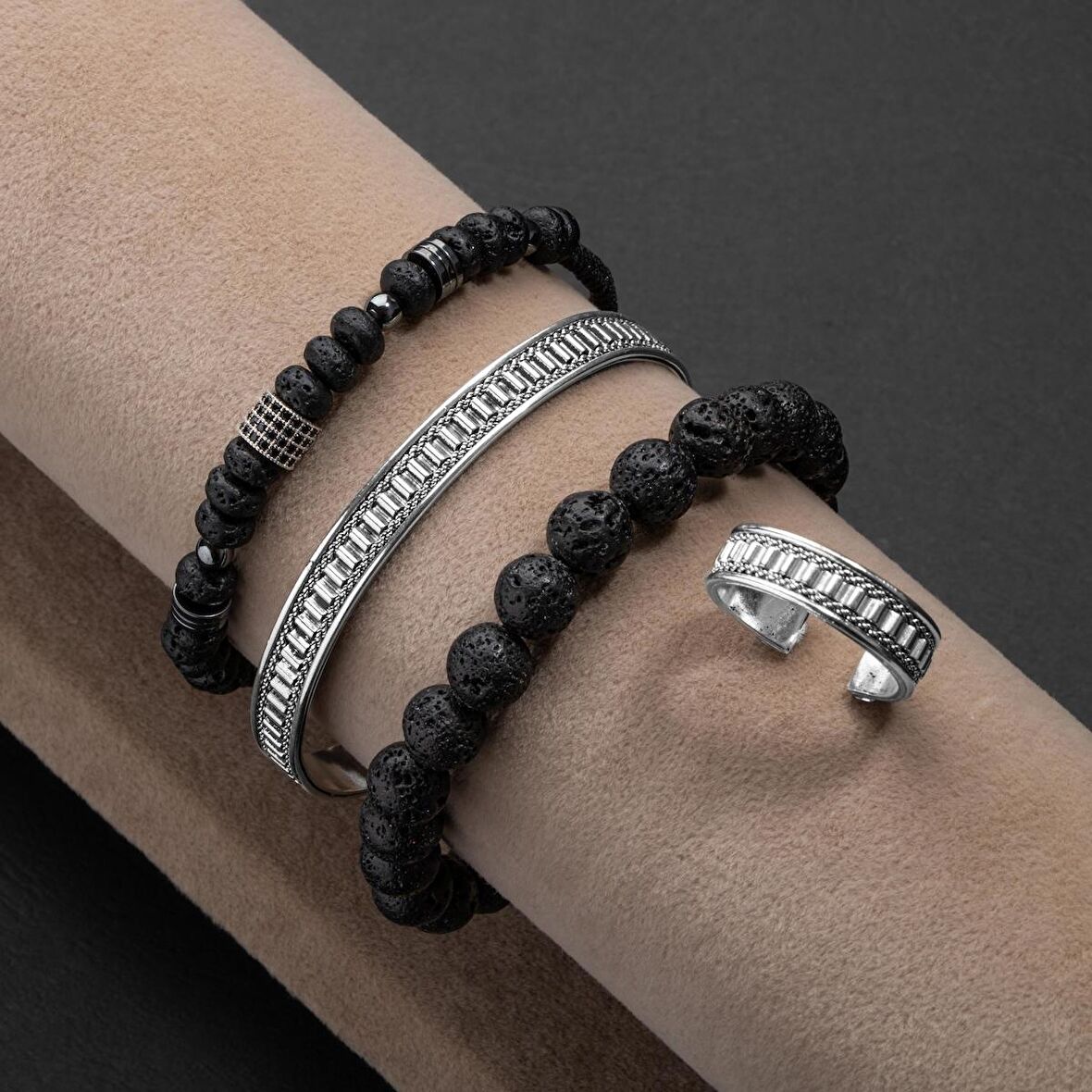 Lav Taşı-Hematit Doğal Taş Telkari Gümüş Bileklik Yüzük Seti