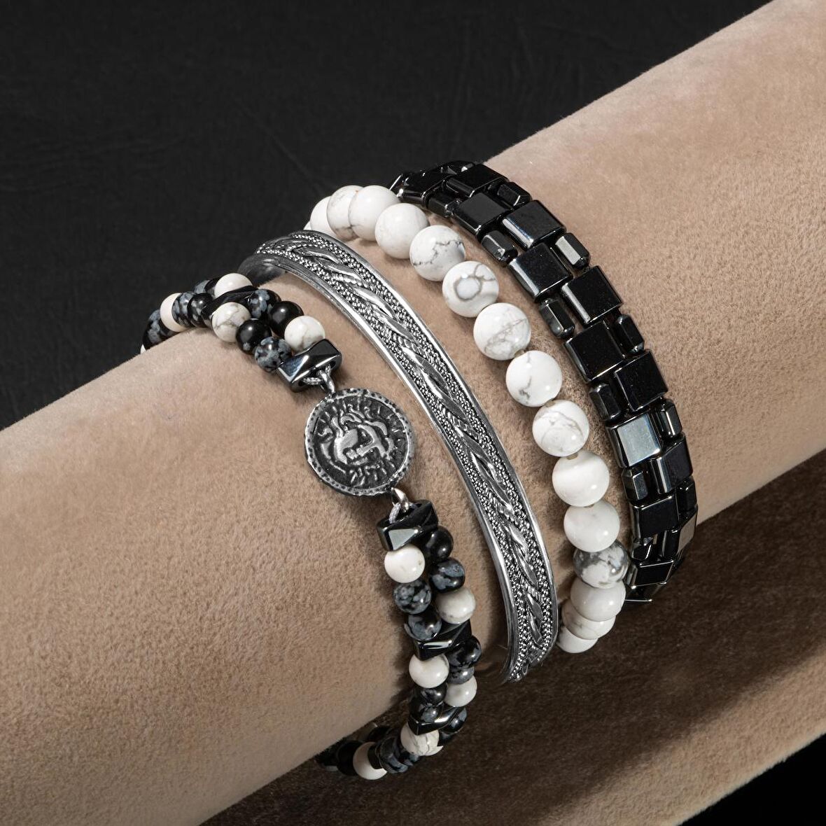 Havlit-Karlı Obsidyen-Hematit Doğal Taş Telkari Gümüş Bileklik Seti