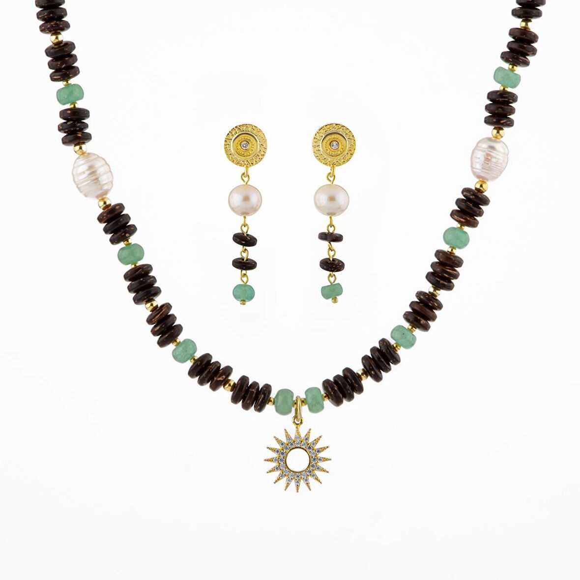 Hindistan Cevizi Kabuğu-Yeşil Aventurin-İnci Doğal Taş Gümüş Tasarım Kolye Küpe Seti - 54cm