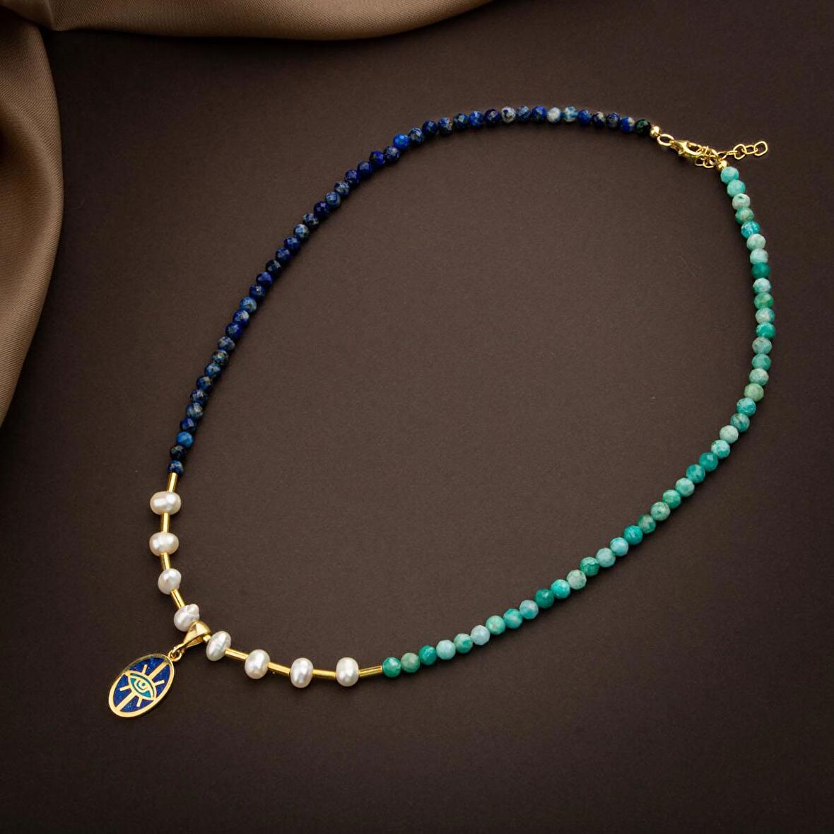 Mozaik Lapis Lazuli Taşlı-Amazonit-İnci Doğal Taş Gümüş Tasarım Kolye - 54cm