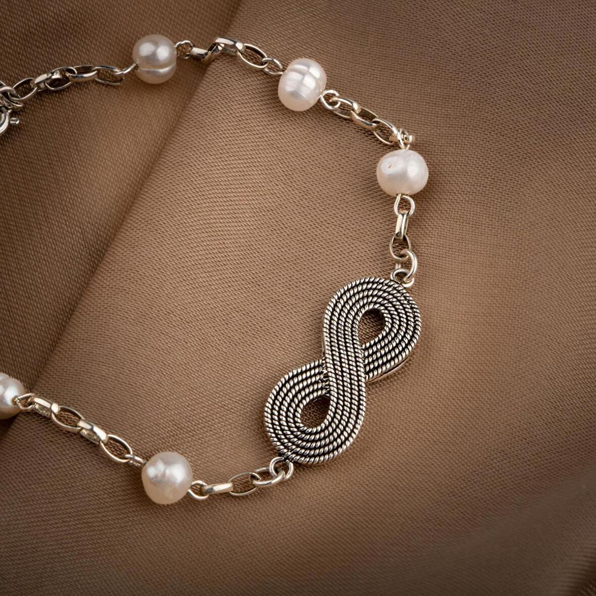İnci Doğal Taş Telkari Gümüş Tasarım Bileklik - 45cm