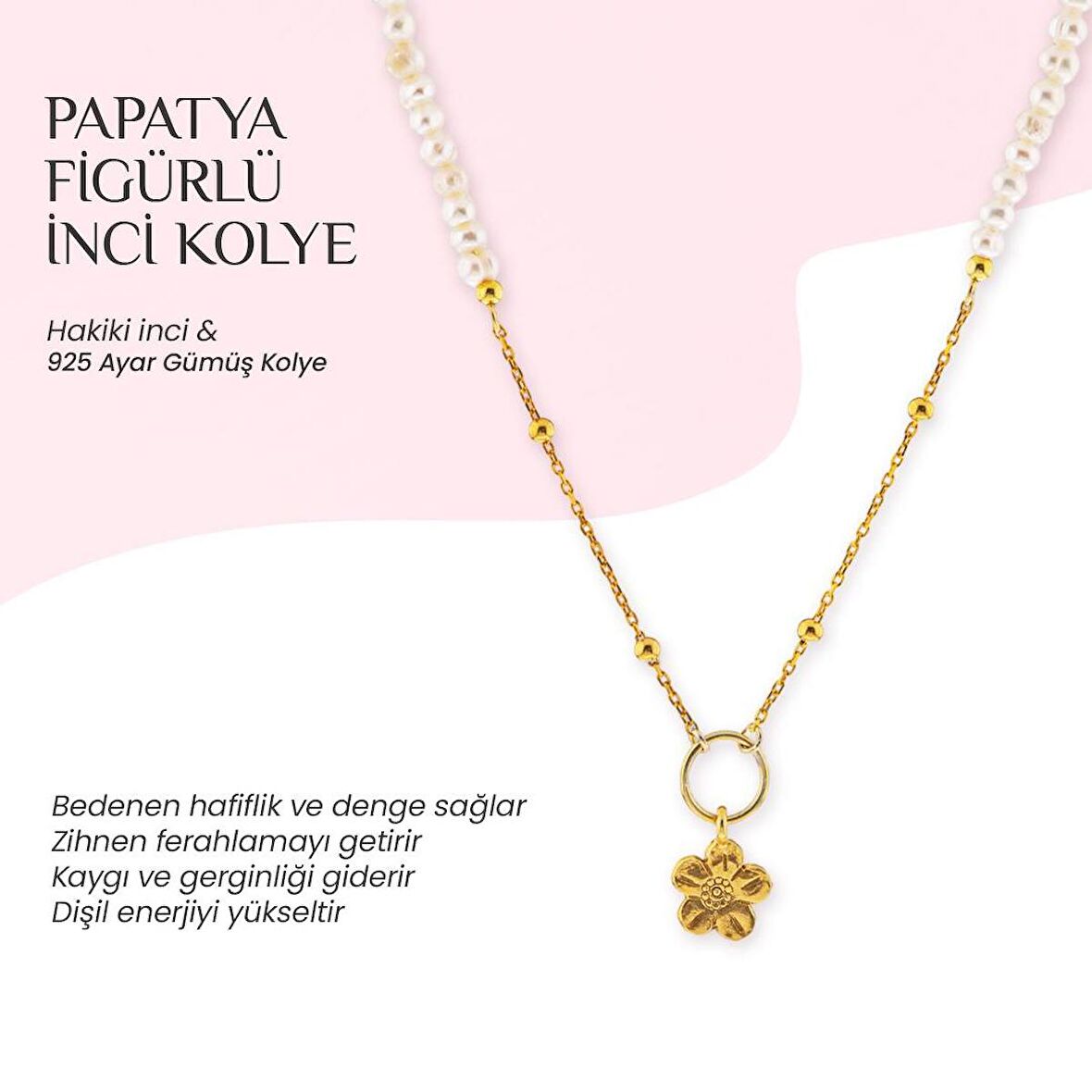 İnci Doğal Taş Gümüş Çiçekli Kolye