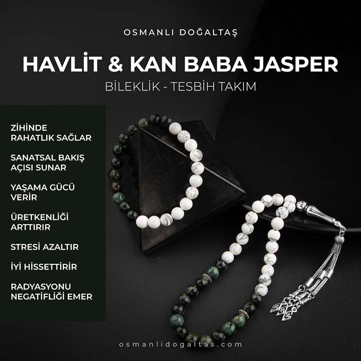 Havlit-Yeşil Jasper Doğal Taş Tesbih Bileklik Seti