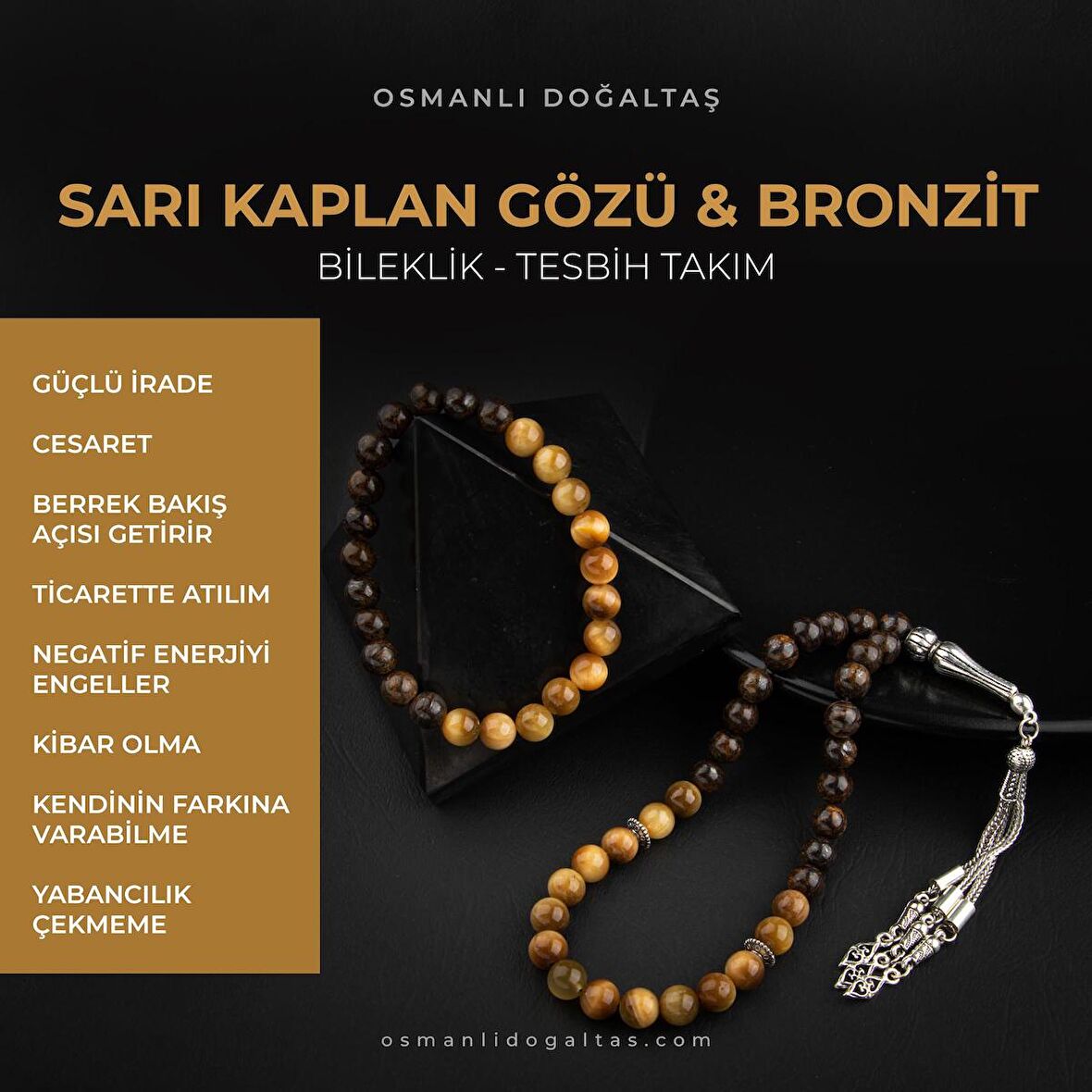 Sarı Kaplan Gözü-Bronzit Doğal Taş Tesbih Bileklik Seti