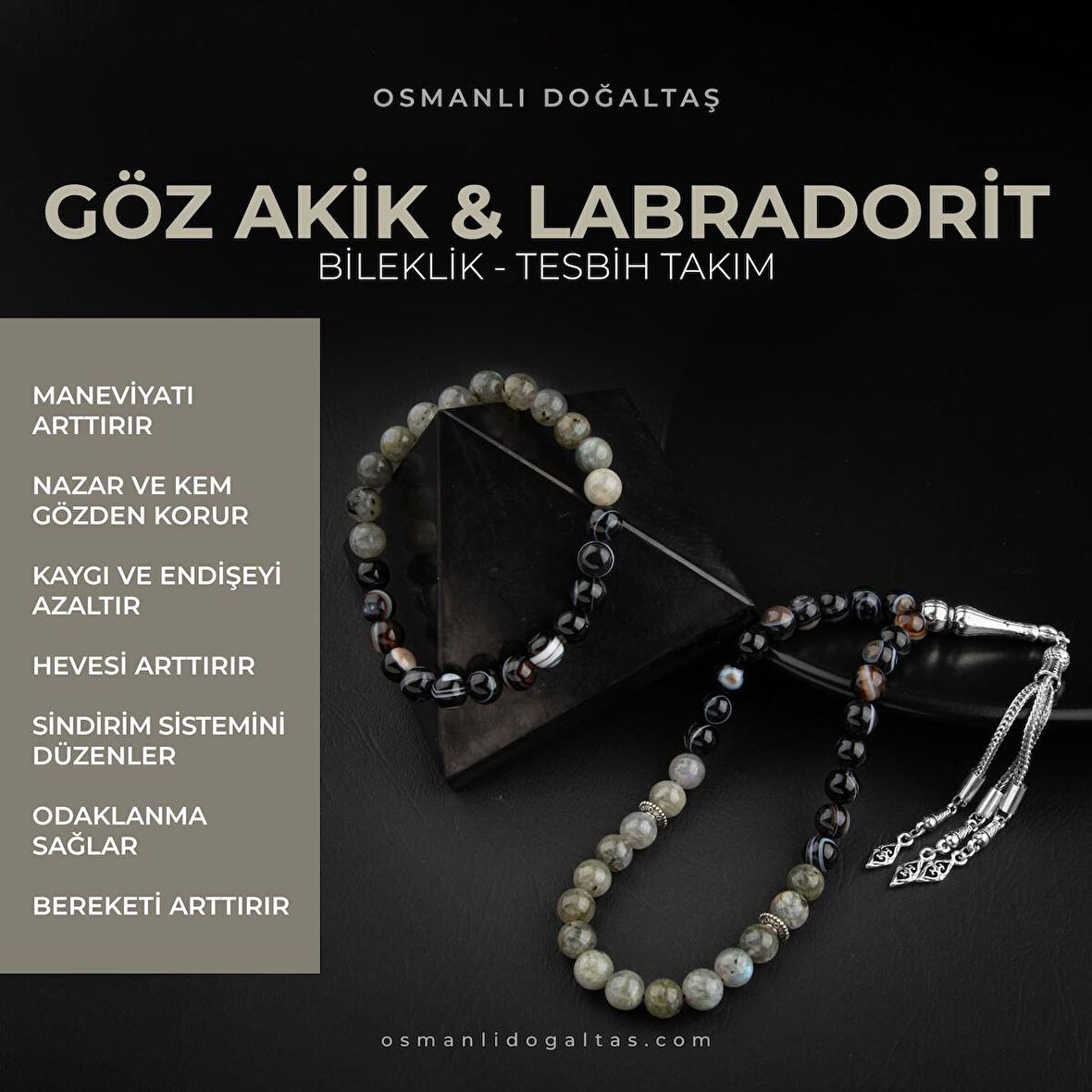 Labradorit-Siyah Göz Akik Doğal Taş Tesbih Bileklik Seti