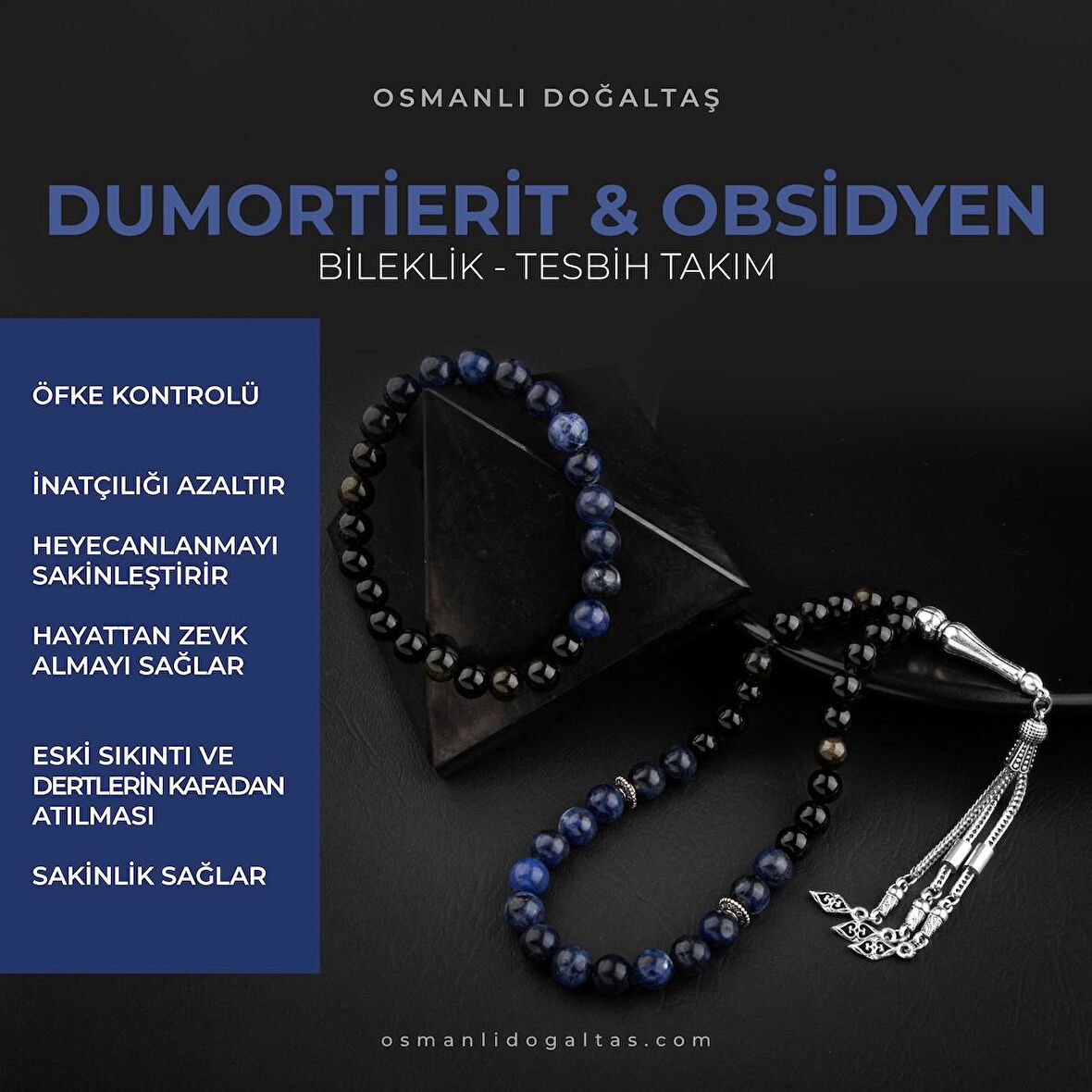 Obsidyen-Dumortierit Doğal Taş Tesbih Bileklik Seti