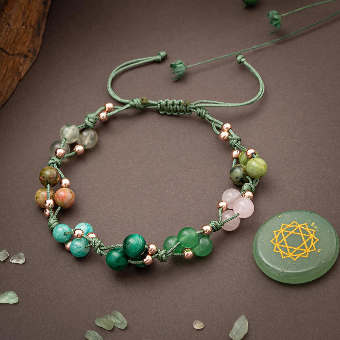Kalp Çakrası Doğal Taş Bileklik - Prehnit-Unakit-Amazonit-Malakit-Aventurin-Pembe Kuvars-Yeşim