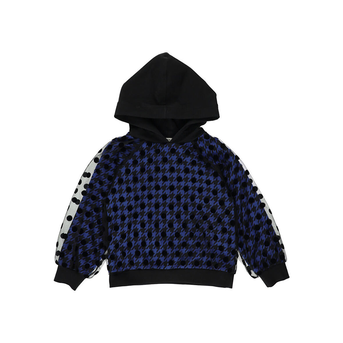 Panço Kız Çocuk Puantiyeli Tül Detaylı Kapüşonlu Sweatshirt Siyah