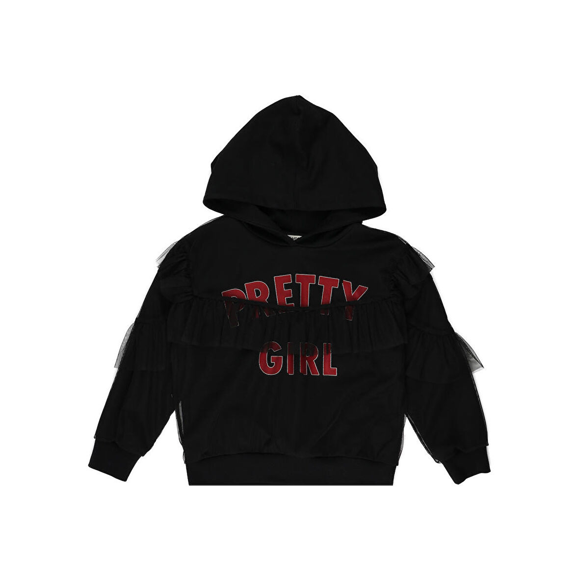 Panço Kız Çocuk Baskı Ve Tül Detaylı Kapüşonlu Sweatshirt Siyah