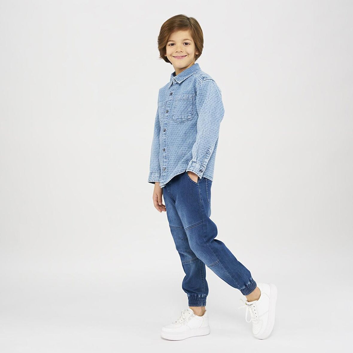 Panço Erkek Çocuk Düğmeli Denim Gömlek Mavi