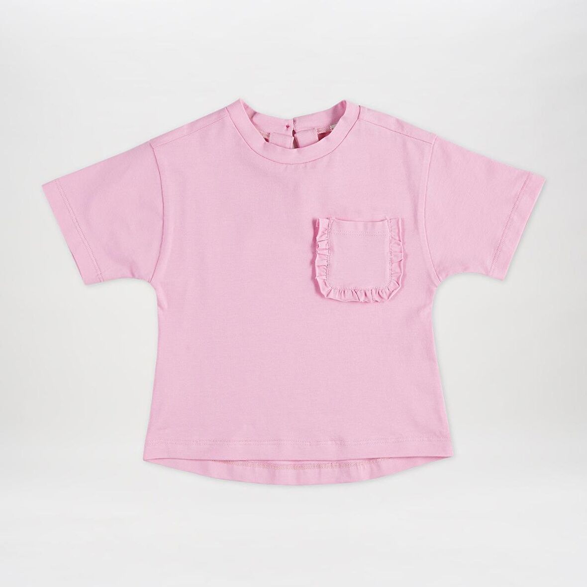 Kız Çocuk Cebi Fırfır Detaylı T-Shirt Beyaz