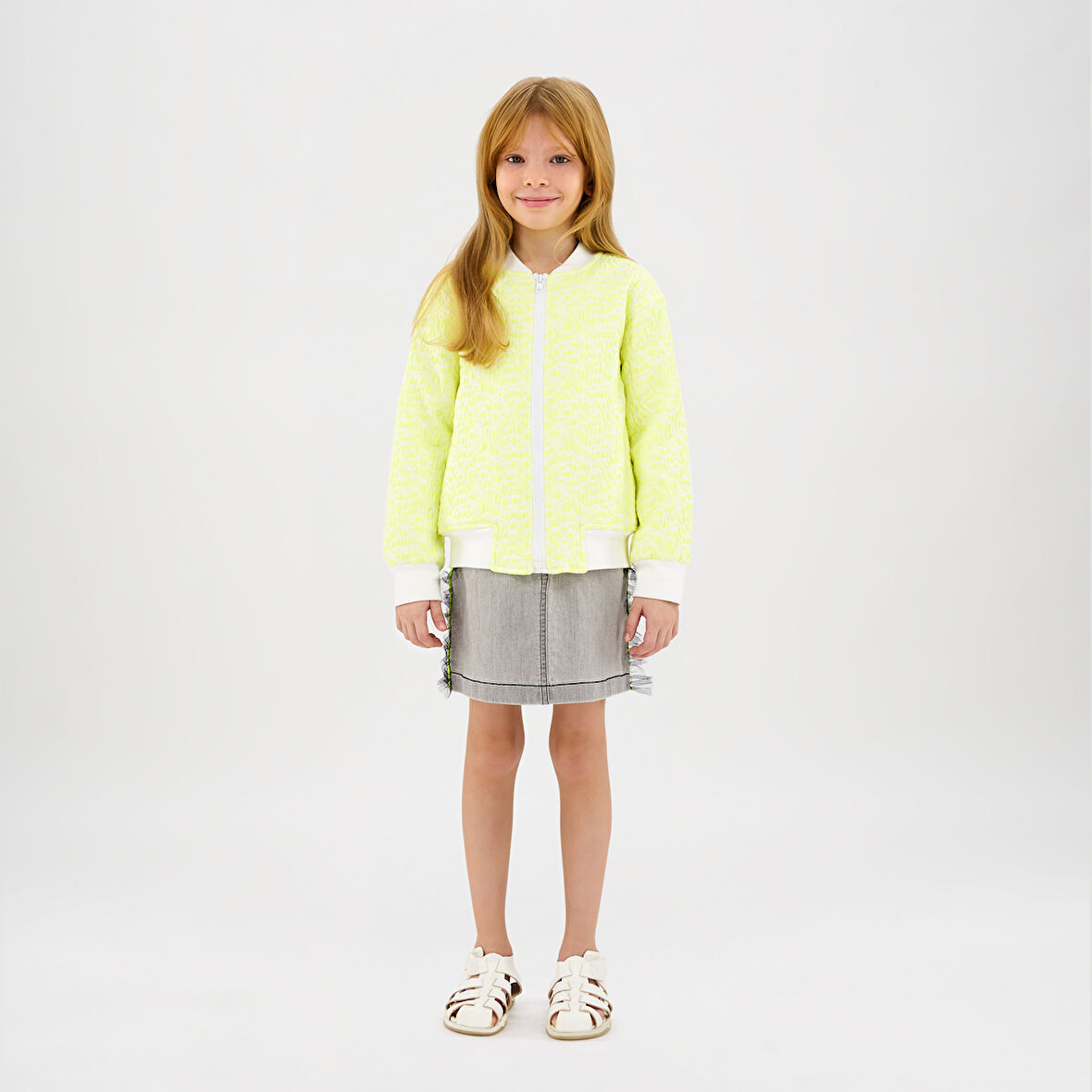 Kız Çocuk Tül Detaylı Denim Etek Gri