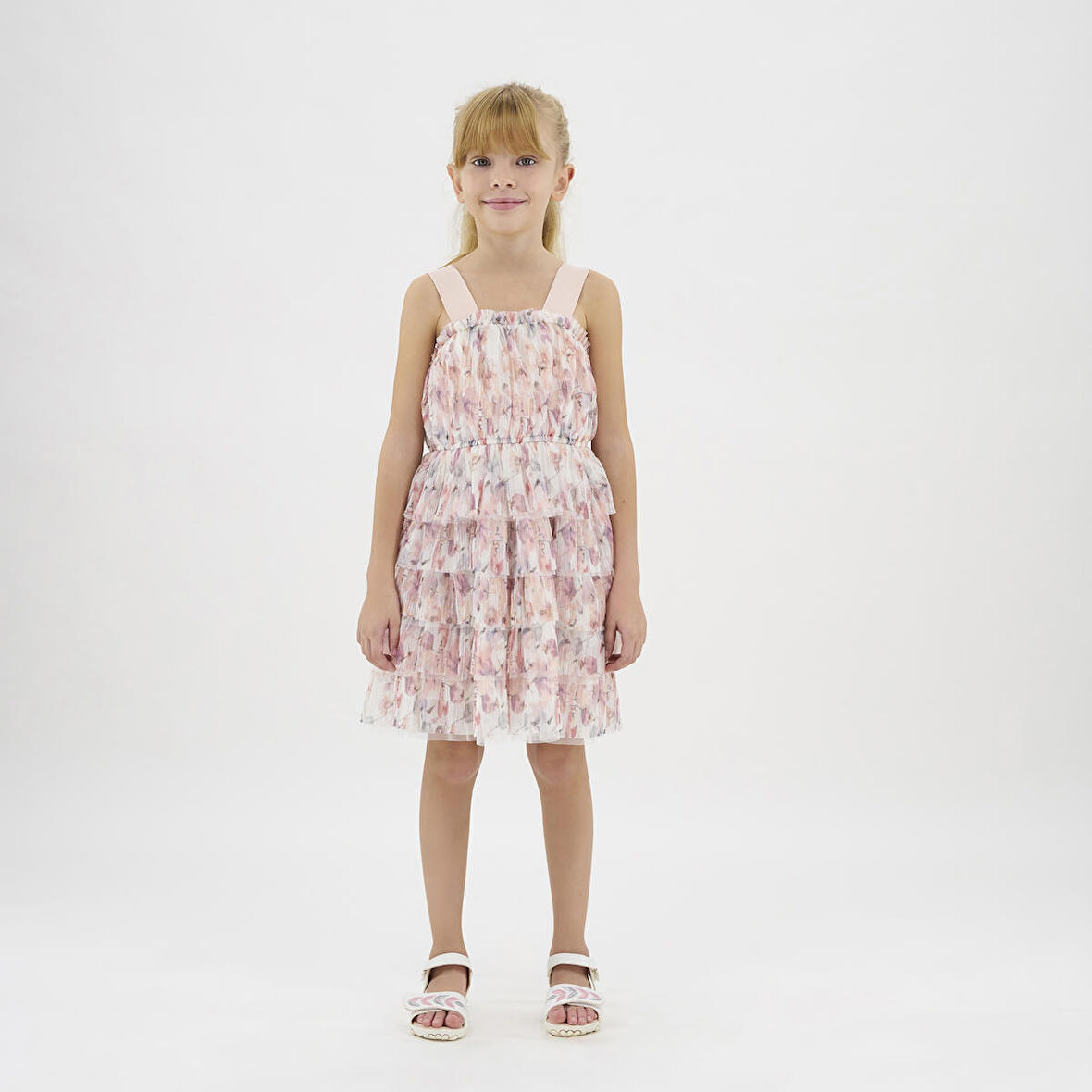 Kız Çocuk Çiçek Desenli Tül Elbise Pudra