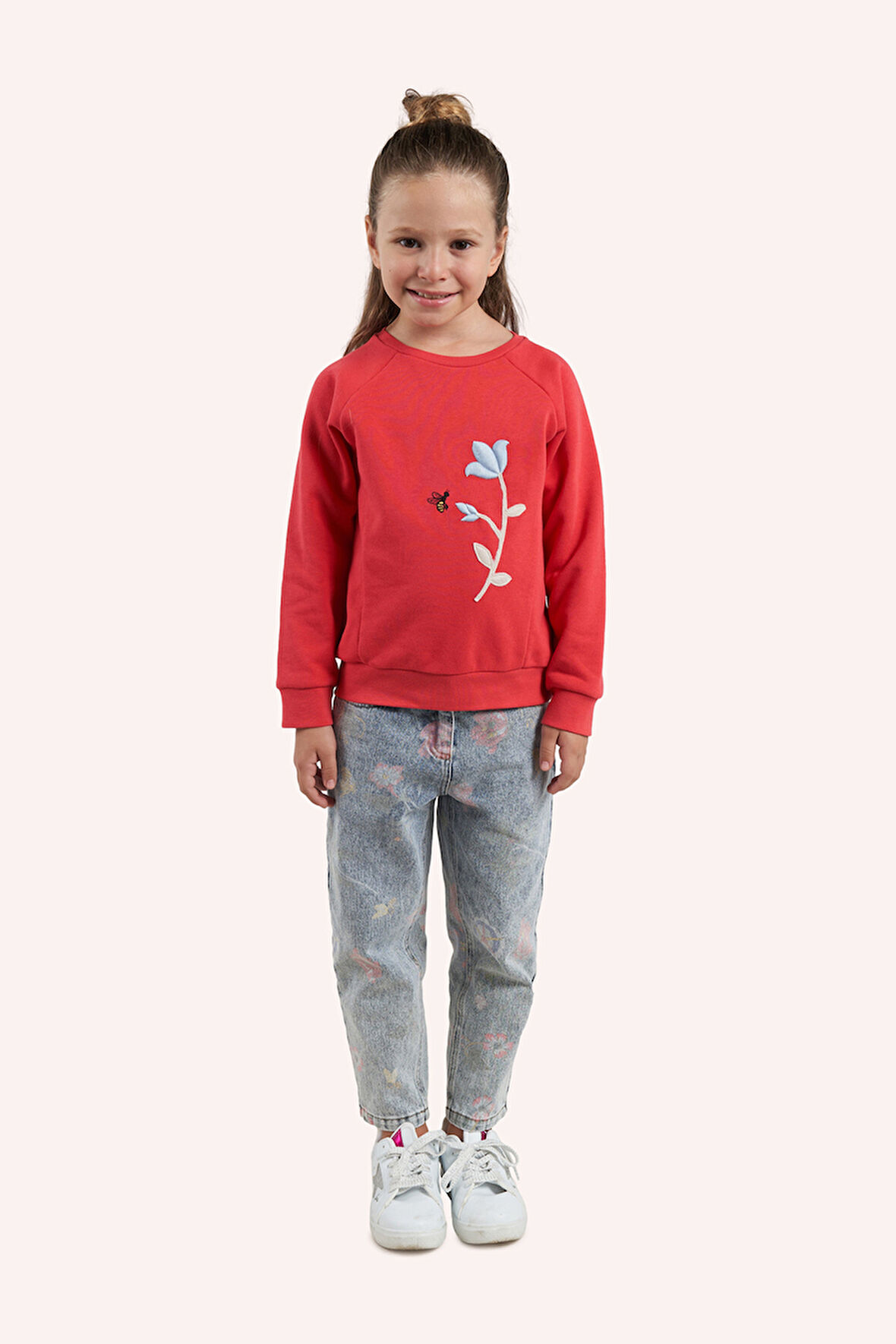 Kız Çocuk Nakış Detaylı Sweatshirt Kırmızı