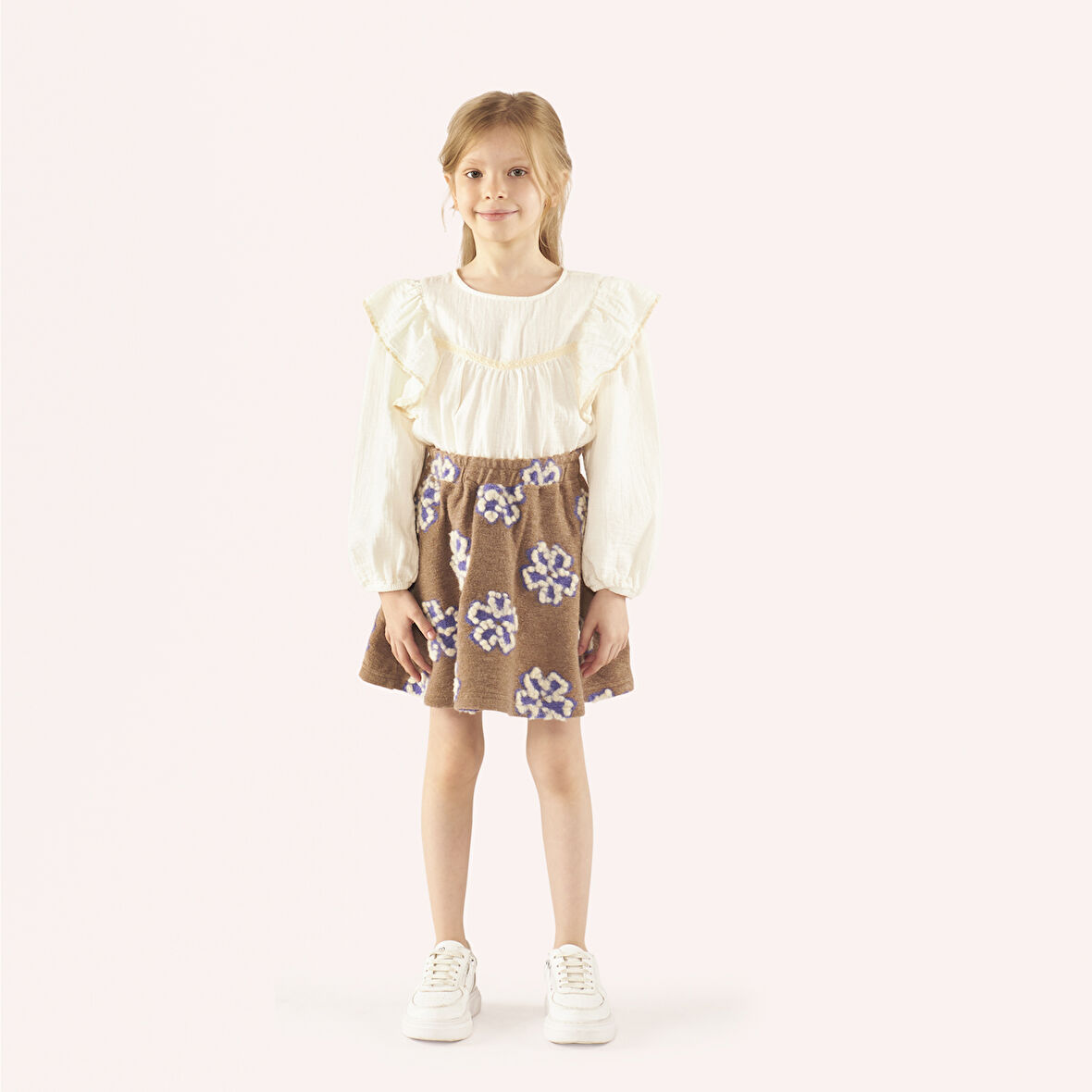 Kız Çocuk Çiçek Desenli Etek Camel