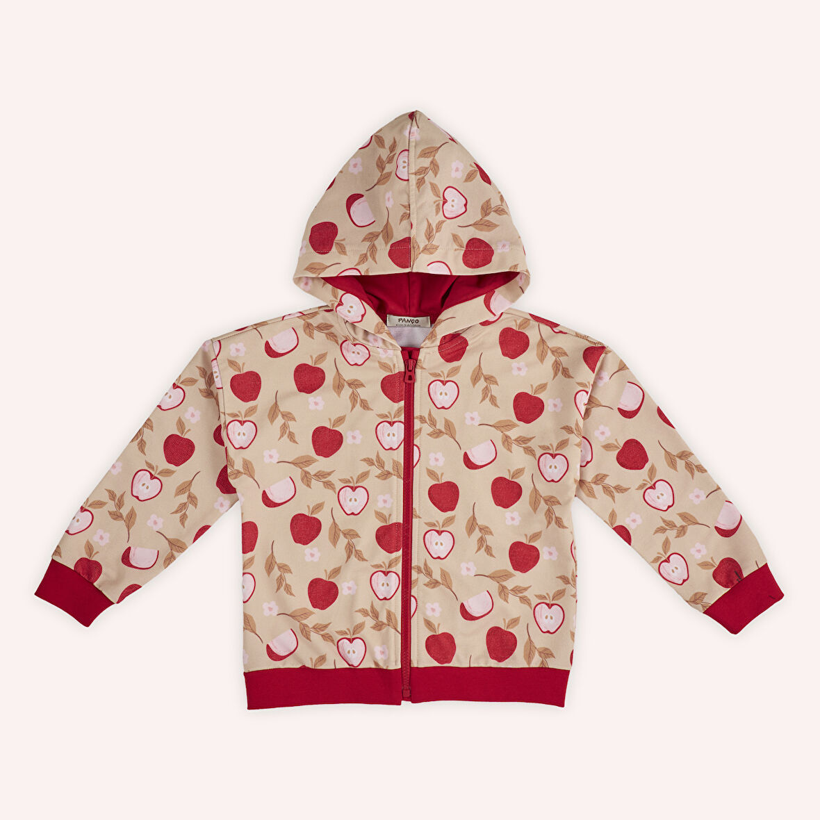 Kız Çocuk Fermuarlı Elma Desenli Sweatshirt Bej
