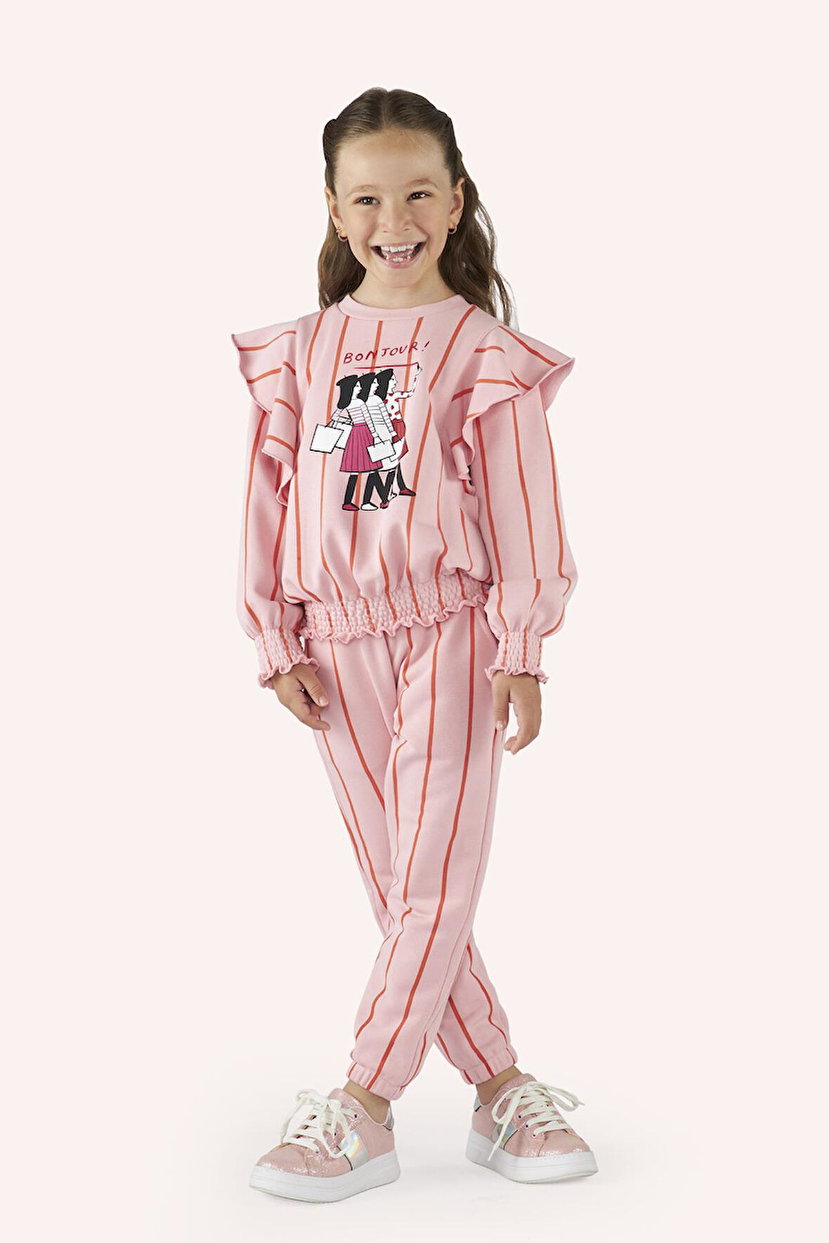 Kız Çocuk Çizgili Sweatshirt Pembe