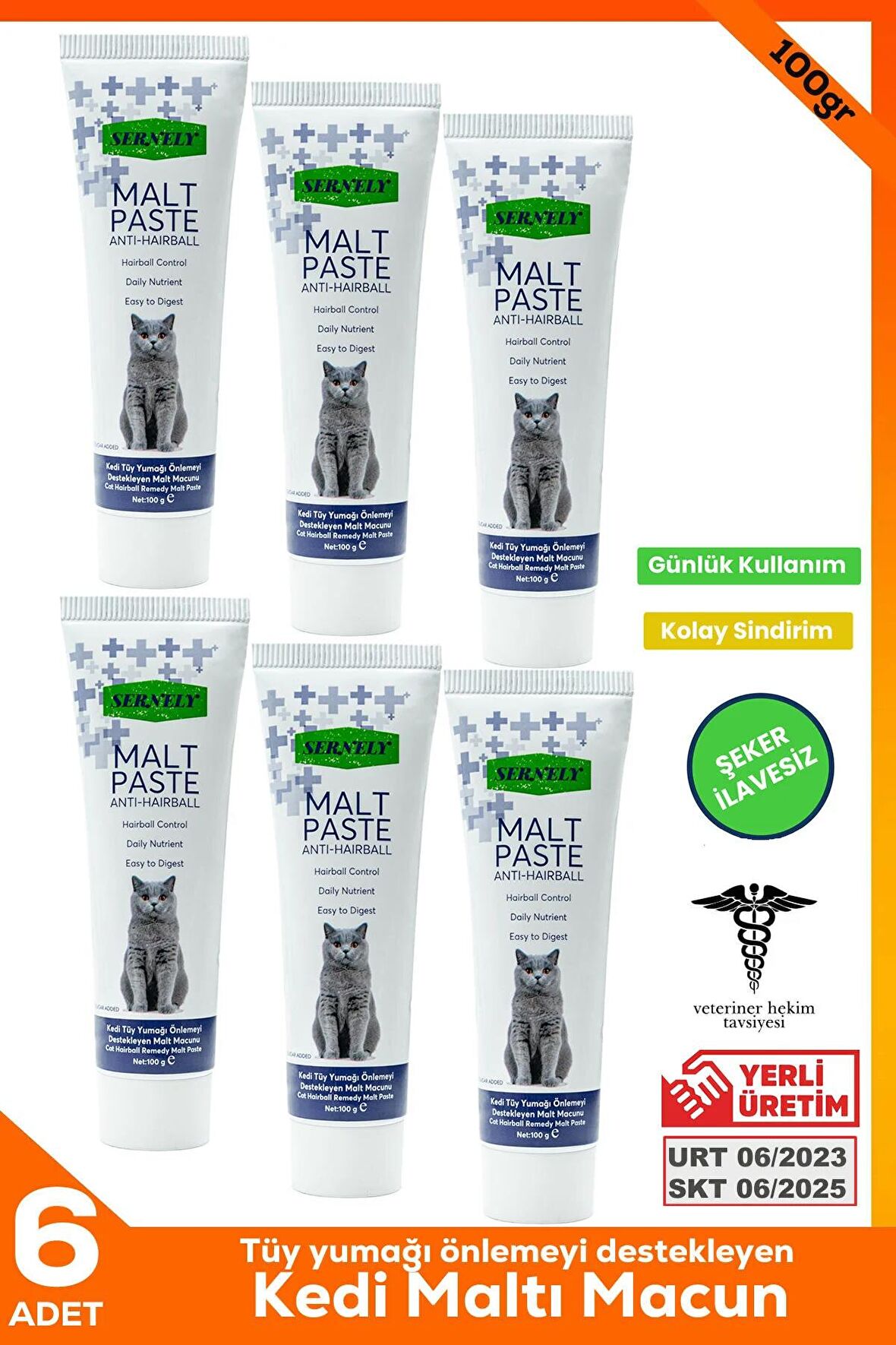 6 Adet Sernely Anti-hairball Malt Paste 100gr Kedi Tüy Yumağı Önlemeyi Destekleyen Kedi Maltı Macun