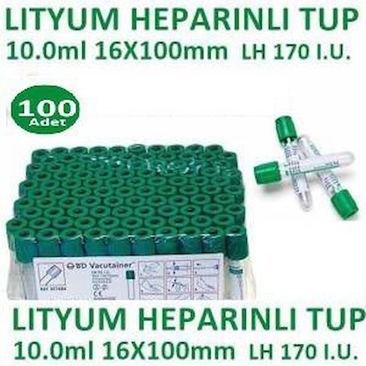 100 Adet Kan Alma Tüpü, Lityum Heparinli Tüp, Yeşil Kapak 10ml 16x100mm, Bd Vacutainer Lithium Hepar