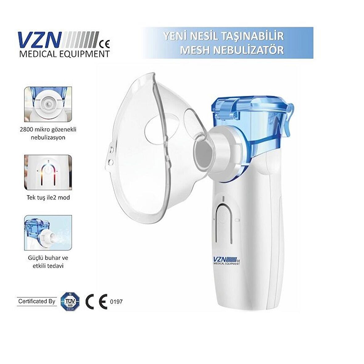 Vzn Yeni Nesil Şarj Edilebilir Tasinilabilir Mesh Nebulizator Cihazı