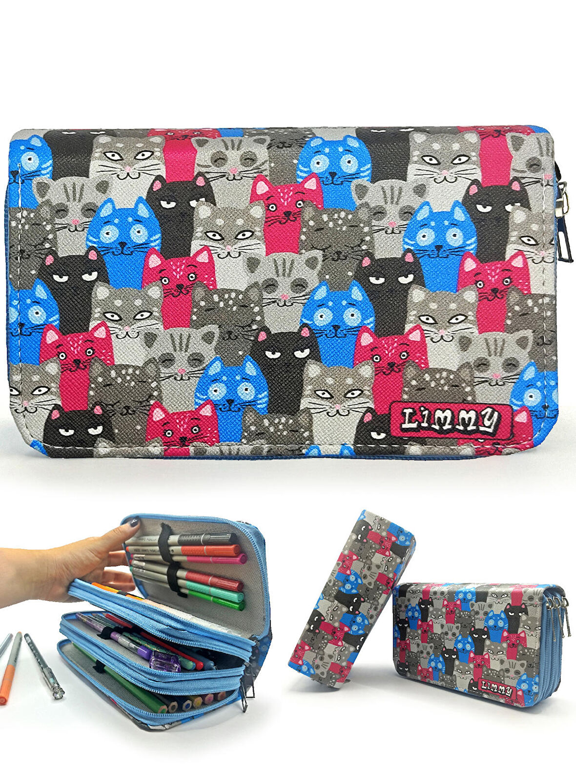 Kalem Kutusu Sevimli Kedi Kawai Organizer Kalemkutu Vegan Deri Üç Bölmeli Kalemlik - Mavi