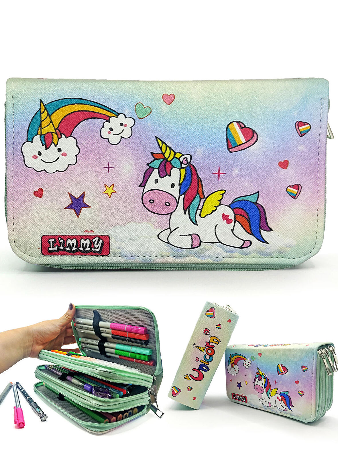 Unicorn Şeker Temalı Kalemkutu Modelist Kalem Kutusu Vegan Deri Üç Bölmeli Kalemlik