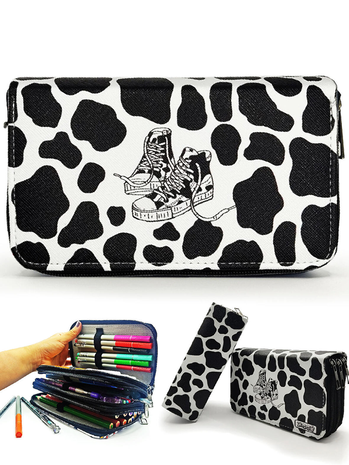 Kalem Kutusu Inek Desenli Kawai Organizer Kalemkutu Vegan Deri Üç Bölmeli Kalemlik - Siyah