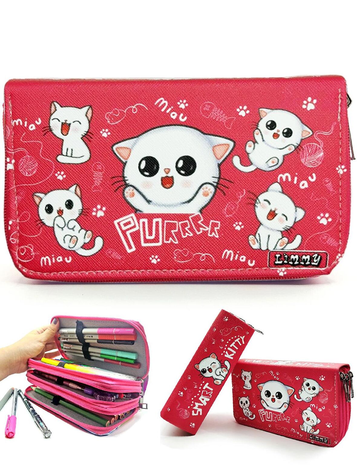 Kalem Kutusu Beyaz Kedi Kawai Organizer Kalemkutu Vegan Deri Üç Bölmeli Kalemlik